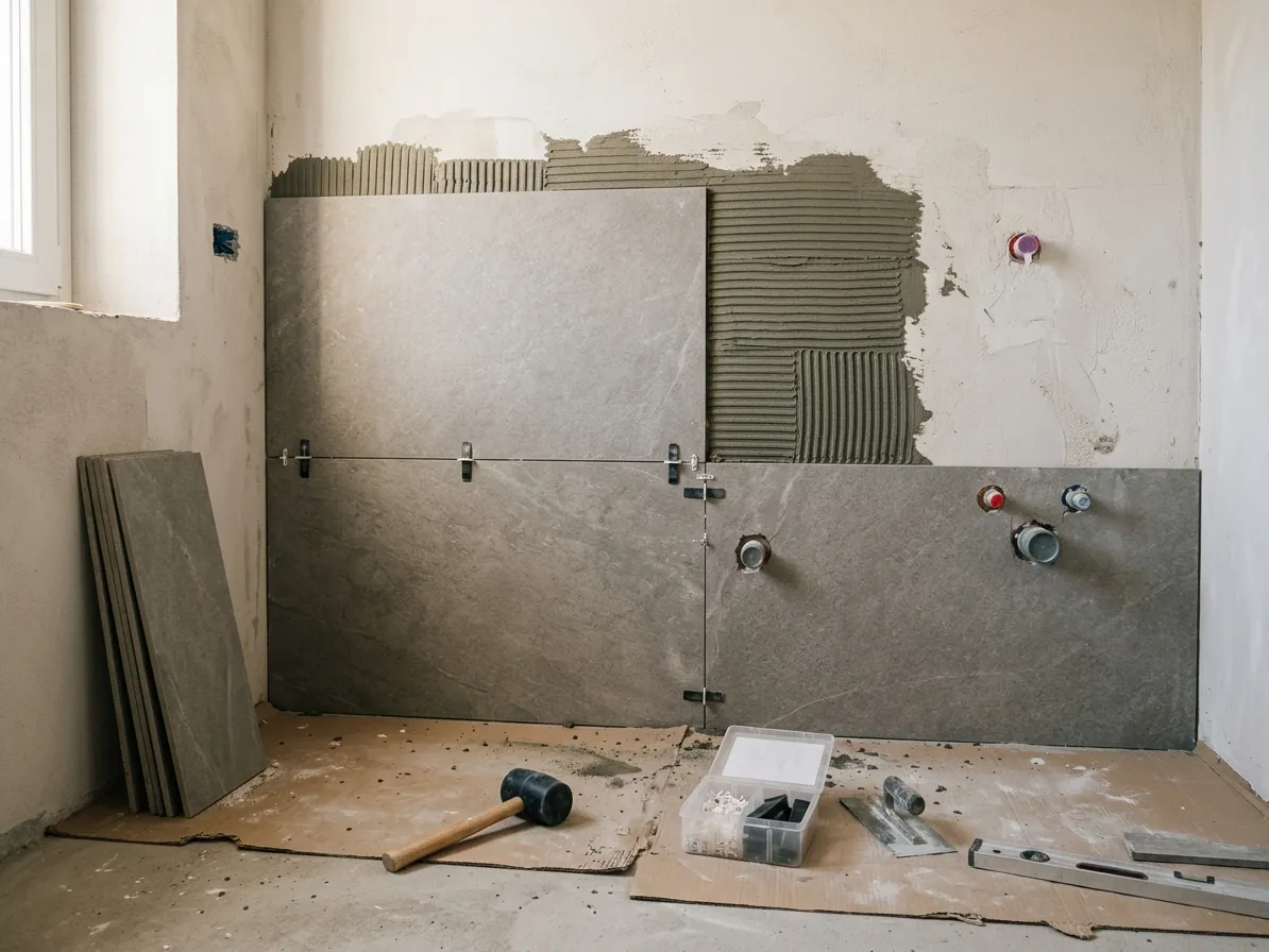 Bagno in fase di rifacimento con piastrelle in posa