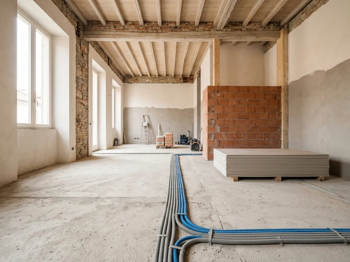 Interno di un appartamento in ristrutturazione con pareti in mattoni