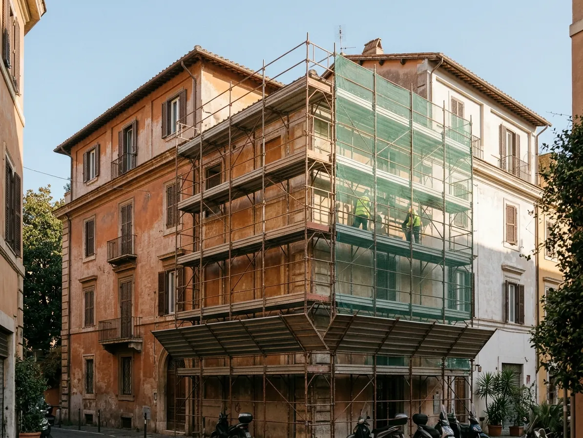Facciata di un edificio residenziale con ponteggio