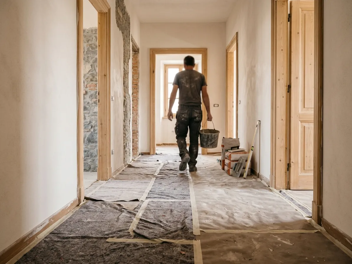 Corridoio protetto durante i lavori con una persona di spalle