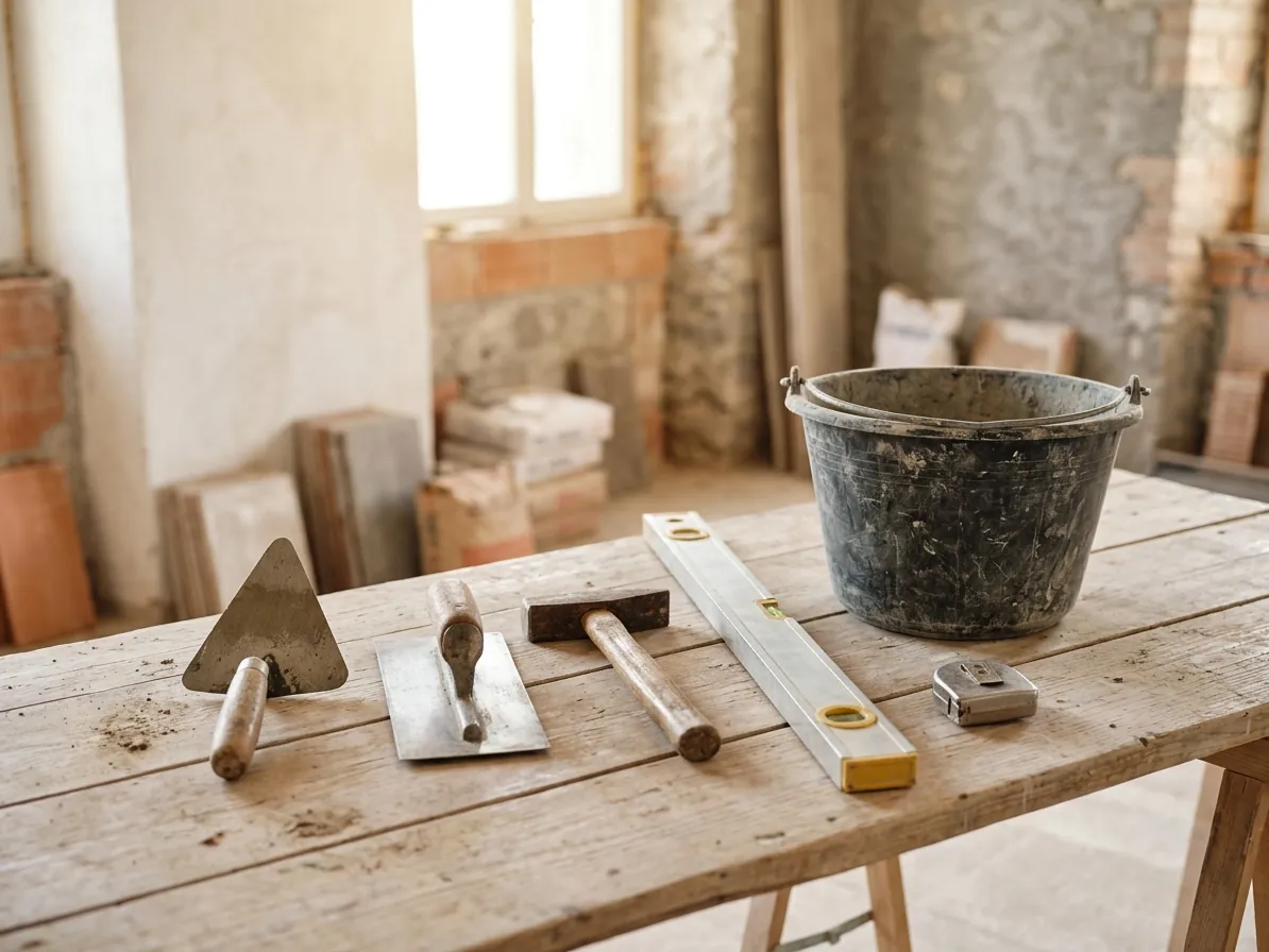 Attrezzi da muratore ordinati su un banco da lavoro