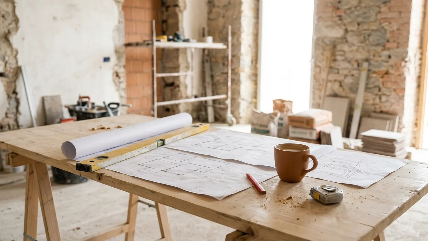 Piante di un progetto edilizio su un tavolo di cantiere